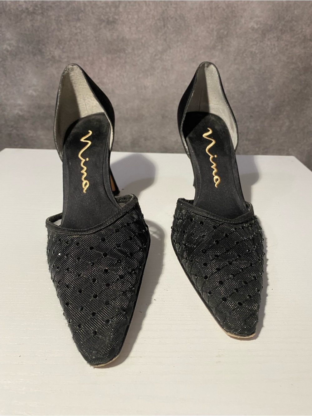 Nina Womens 7M Black Satin Mesh Beaded Pointed Toe Kitten Heel Pumps D'Orsay